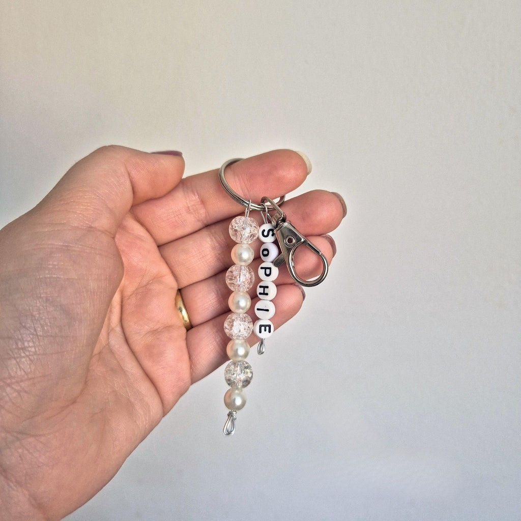 Personalised Keychain With White Beads, Name Bag Charm