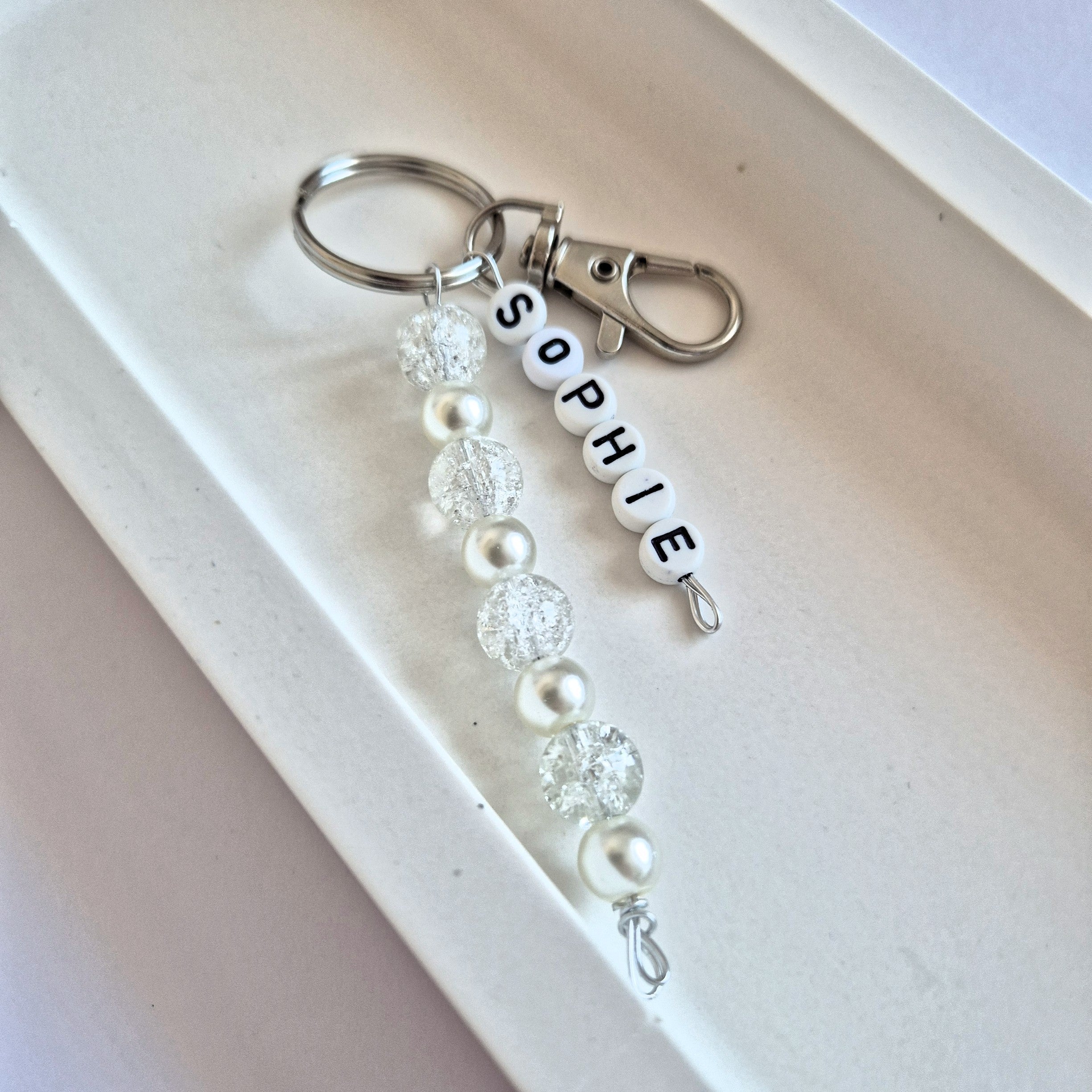 Personalised Keychain With White Beads, Name Bag Charm