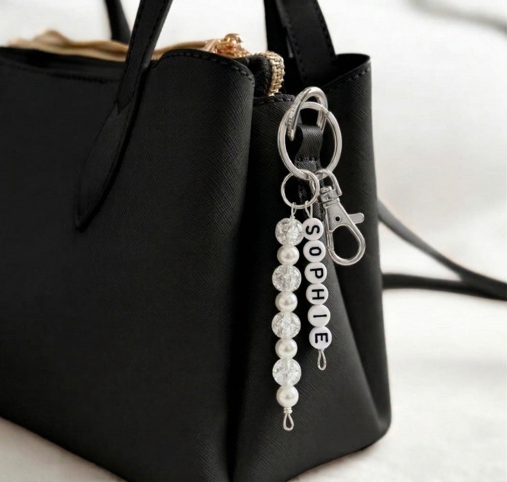 Personalised Keychain With White Beads, Name Bag Charm