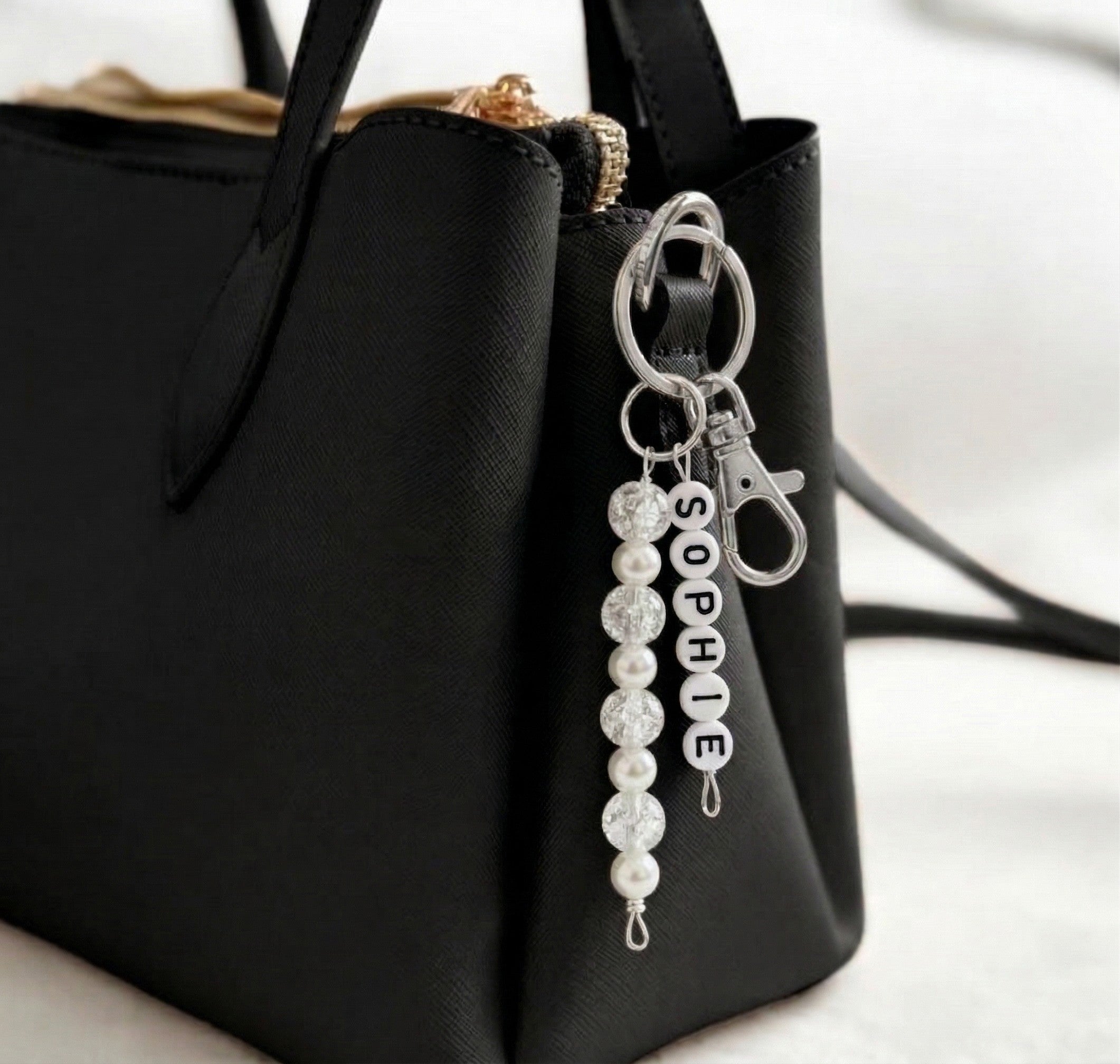 Personalised Keychain With White Beads, Name Bag Charm